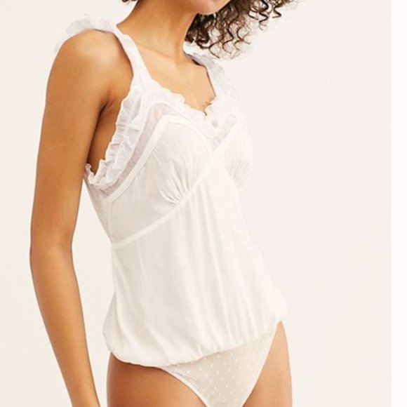 Free People Tops - FREE PEOPLE Ooh Ahh White Ruffle Bodysuit